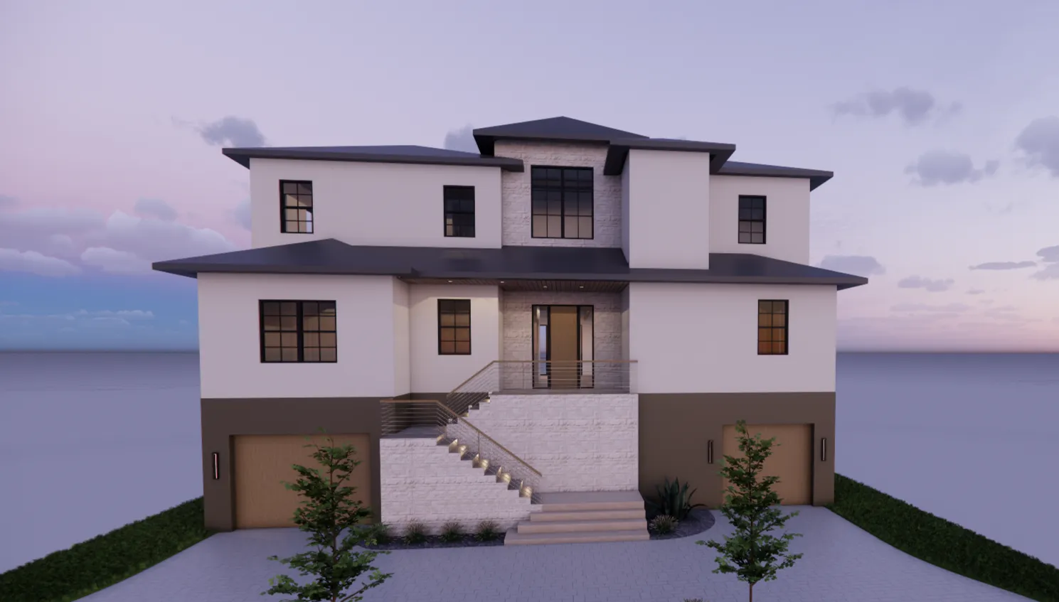 3D rendering of modern two-story home at twilight with stone and stucco facade