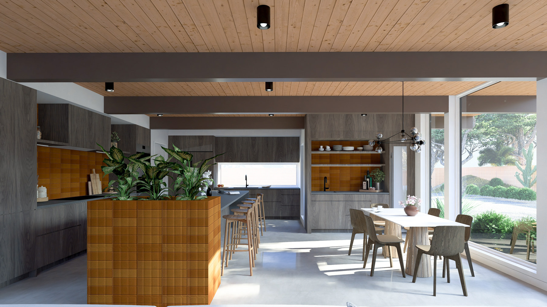 Biophilic mid-century modern kitchen — Aubrey's essay illustration