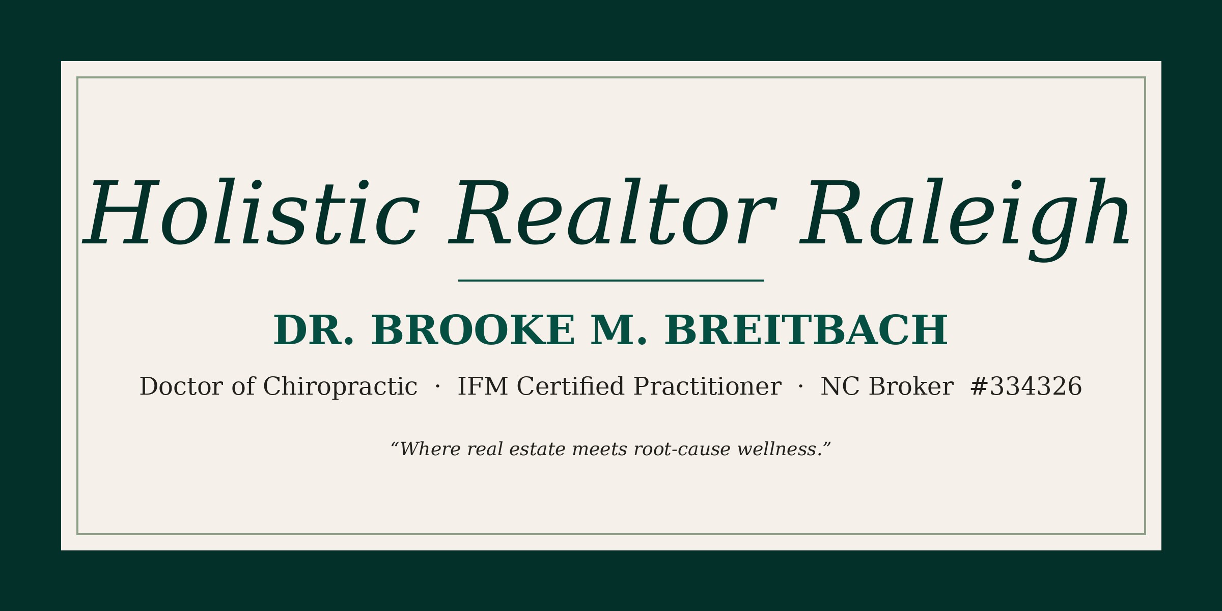 Alternate Holistic Realtor Raleigh brand banner — cream inset panel on deep forest-green field with editorial serif 'Holistic Realtor Raleigh' title and tagline ‘Where real estate meets root-cause wellness.’