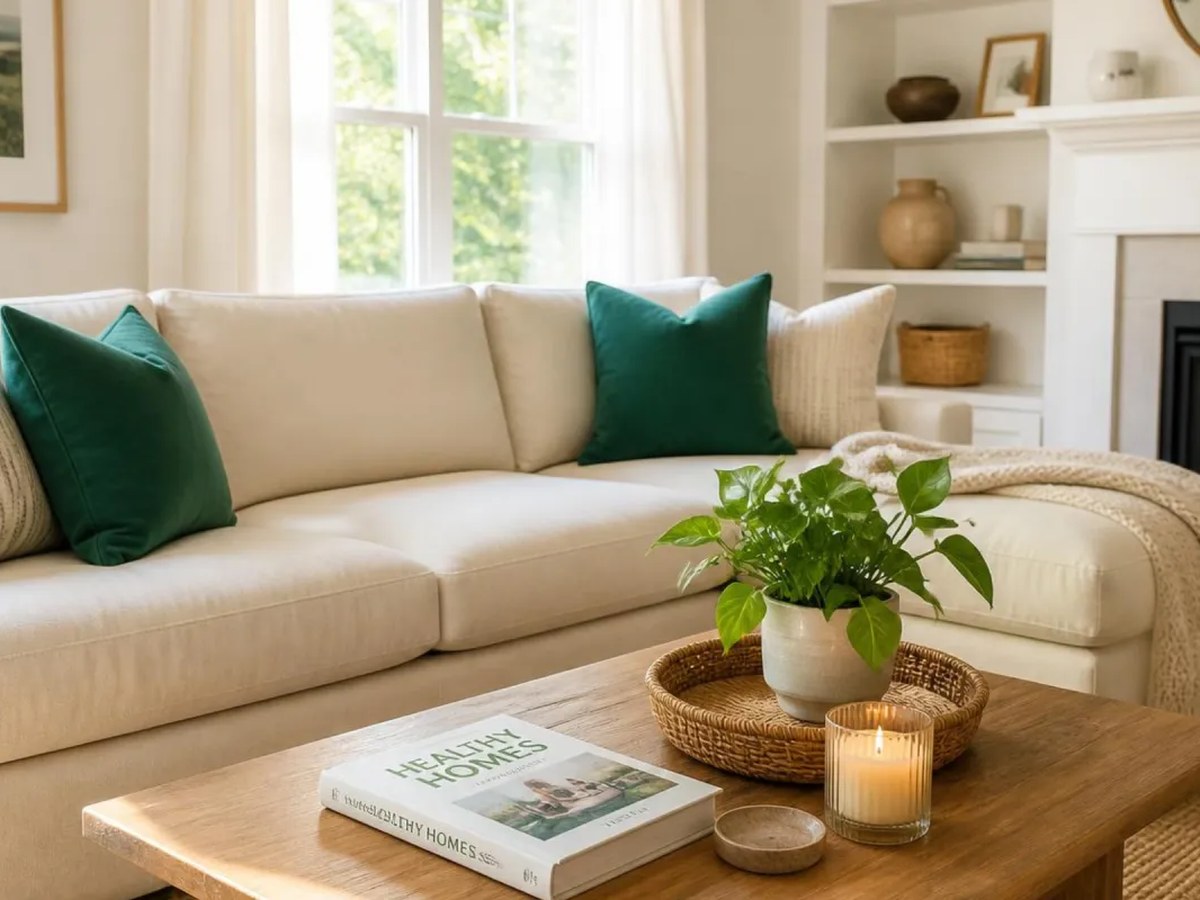 Cream sectional sofa with dark teal-green pillows, coffee table with 'Healthy Homes' book and potted plant, sunlit window