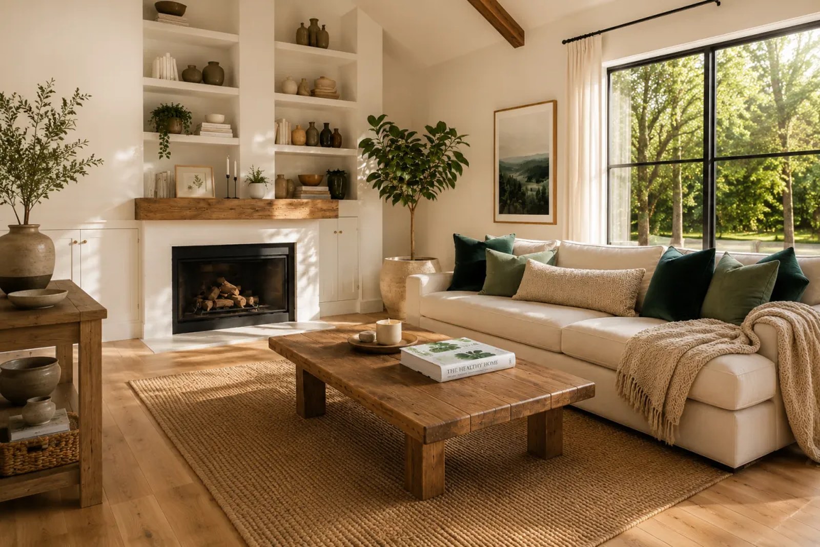 Sunlit living room with reclaimed-wood coffee table, cream sofa with dark green velvet pillows, jute rug, fireplace, and “The Healthy Home” book on the table