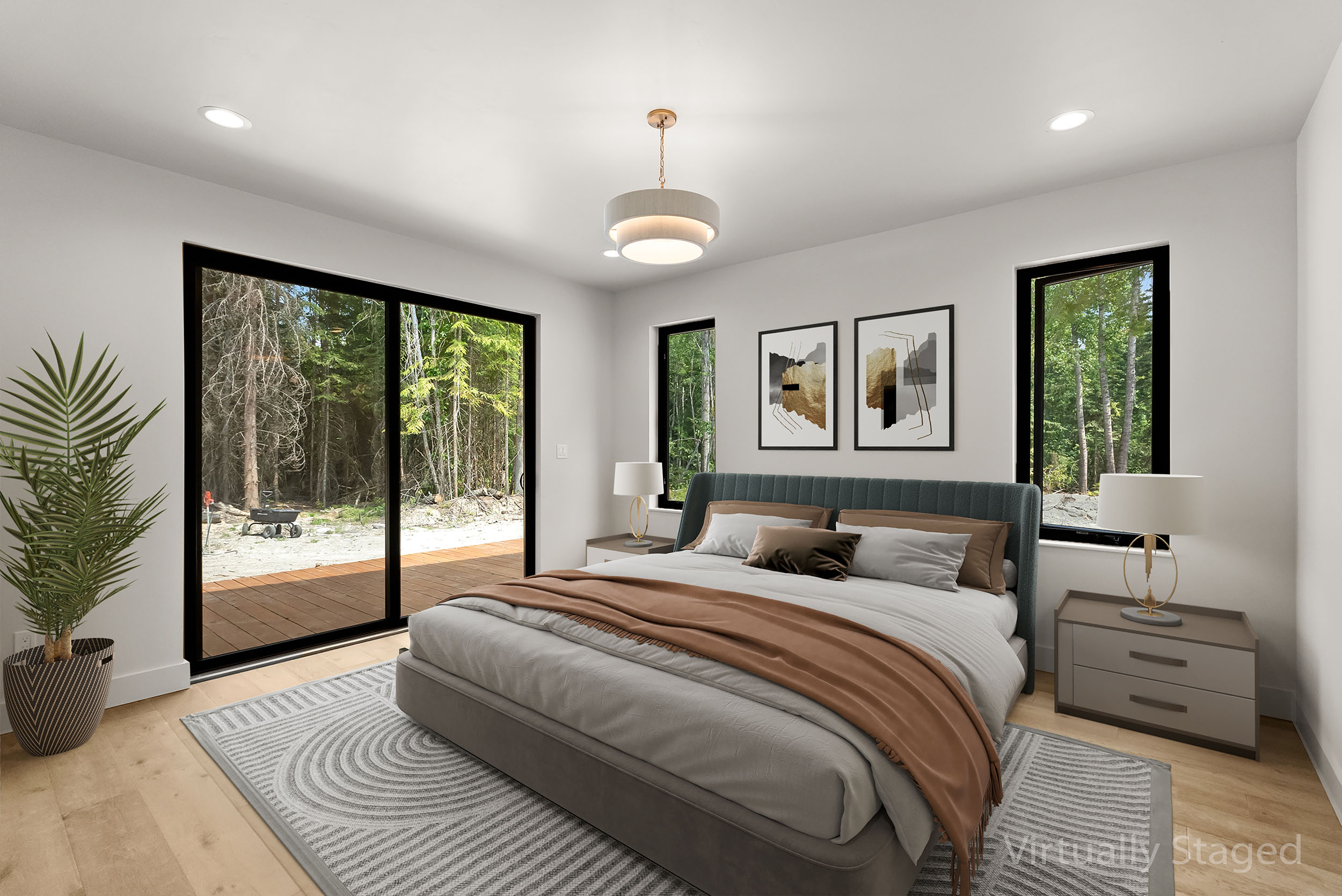 Master bedroom with sliding glass doors to forest deck