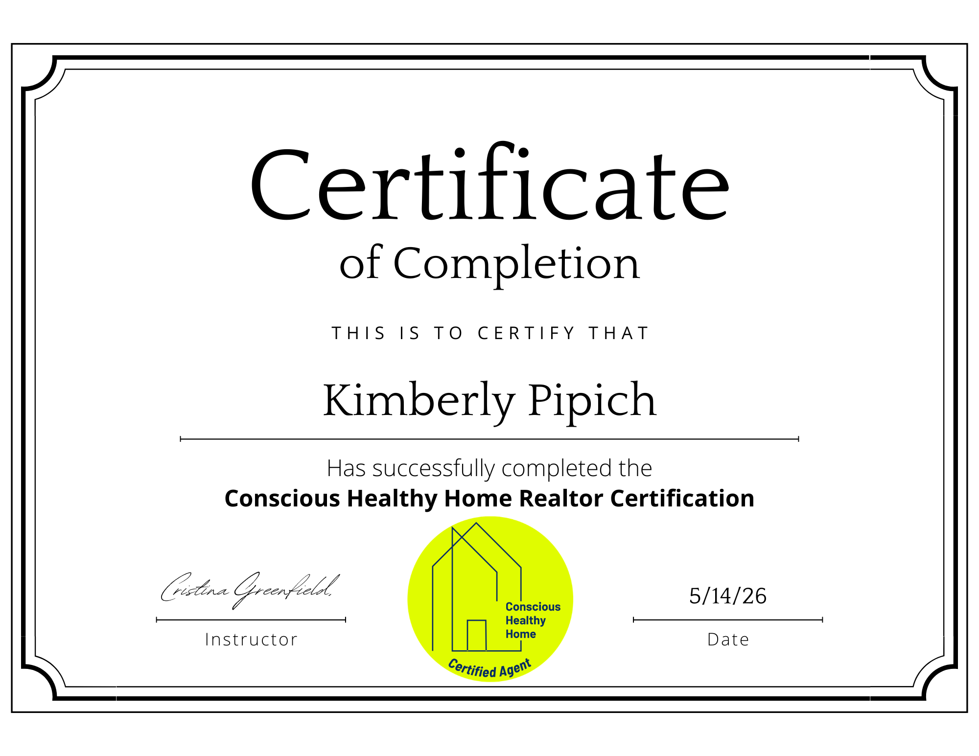 Conscious Healthy Home Realtor Certification — Kimberly Pipich, 5/14/26