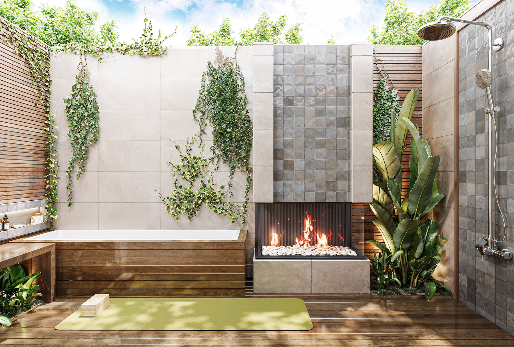 Outdoor biohacking space with soaking tub, fireplace, and living wall