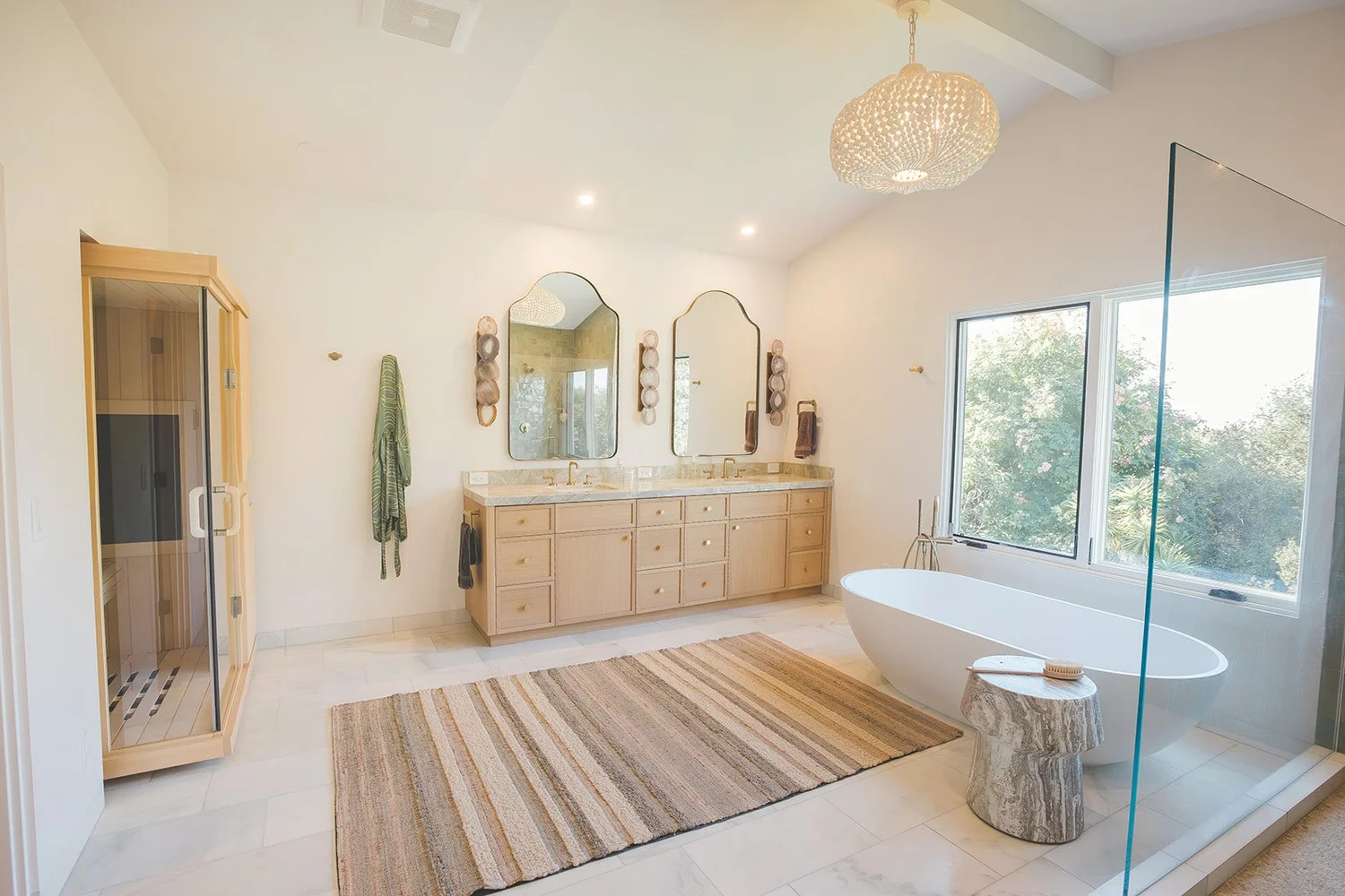 Bright bathroom remodel with built-in nook for far-infrared sauna in Santa Barbara, CA