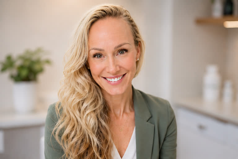 Danielle Tarjoman — portrait in a sage green blazer, bright kitchen backdrop with plant and open shelving