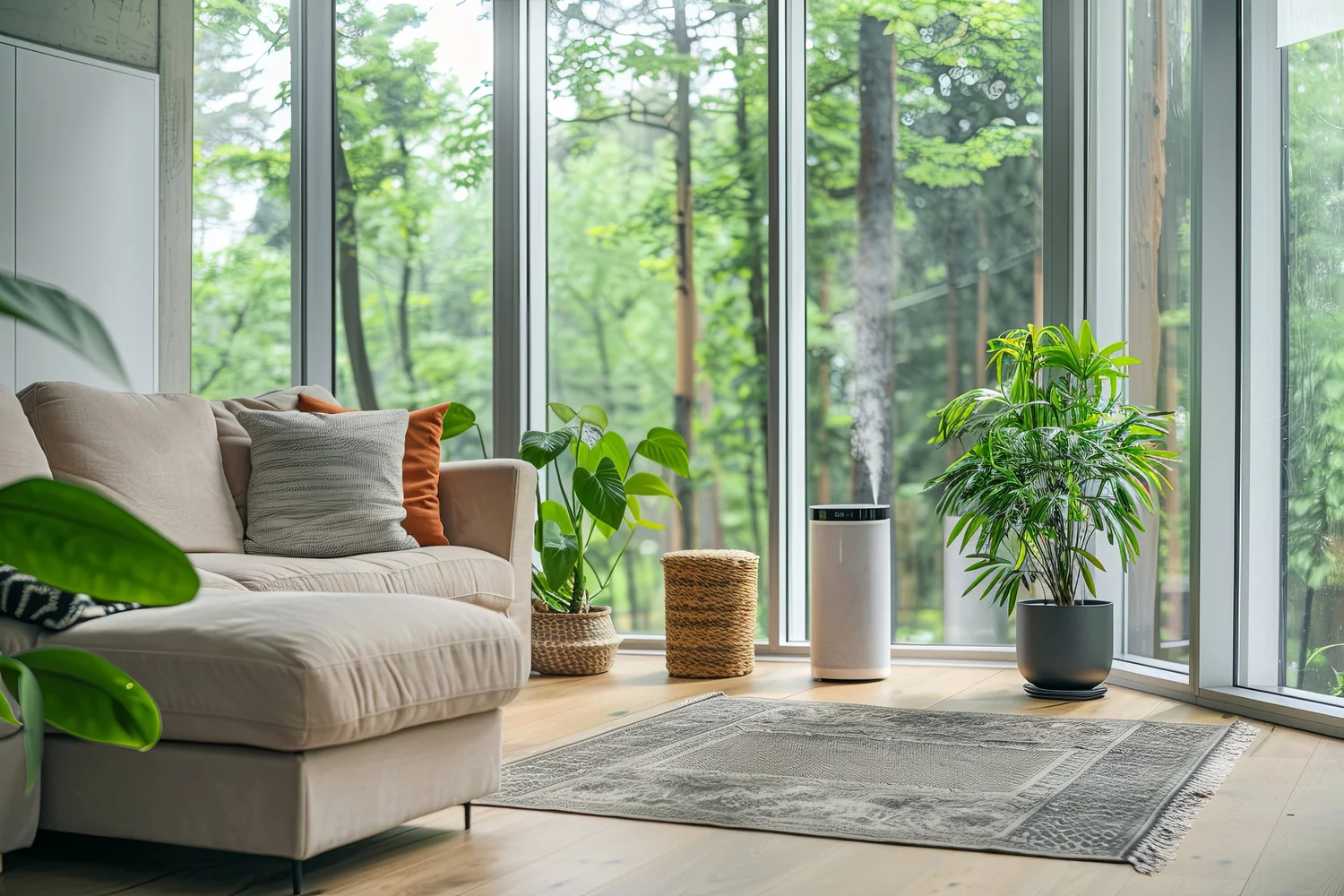 Modern wellness living room — air purifier, plants, natural light