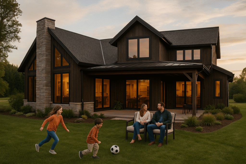 Modern rustic home at dusk with family in backyard