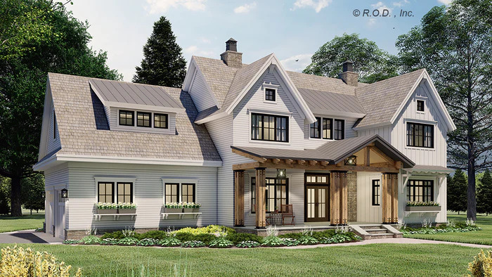 Pebble Creek home design — modern farmhouse exterior rendering