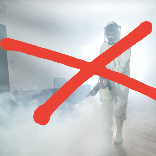 Illustration of fogging equipment with a prohibitory red circle