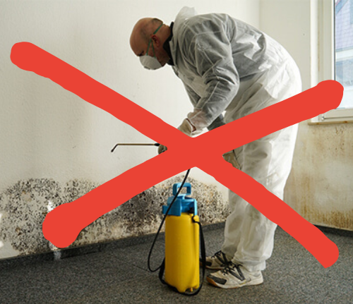 Technician with a red X across chemical-remediation practices