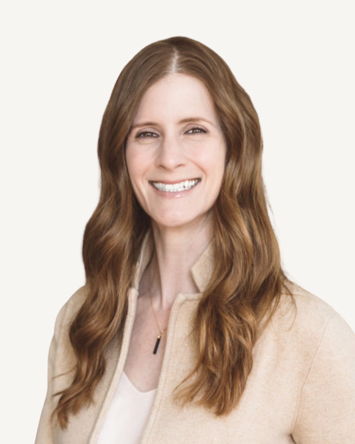 Rachel Doreian — cream-jacket studio portrait, warm smile, long auburn hair