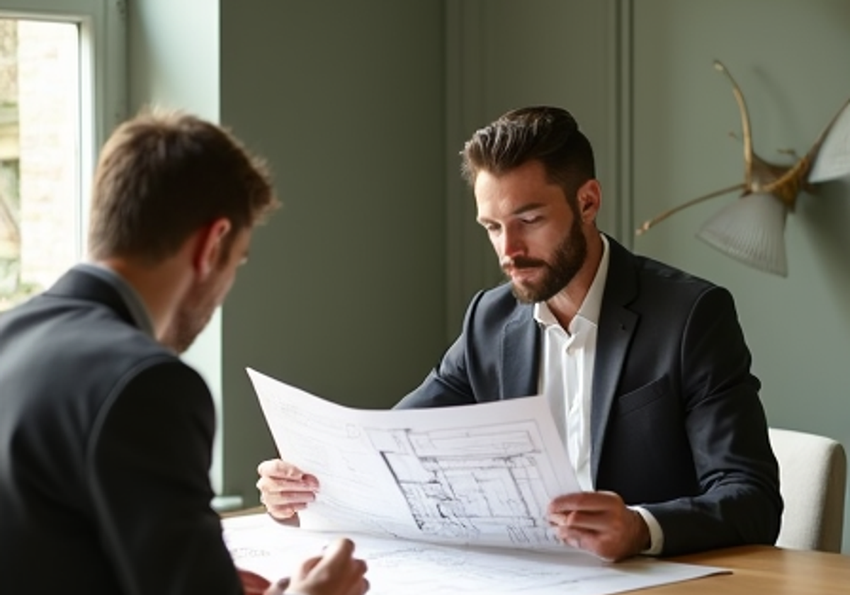 Consultation scene — blueprints and assessment notes on a workspace, conveying StoneCrest's boutique no-product, no-remediation independence
