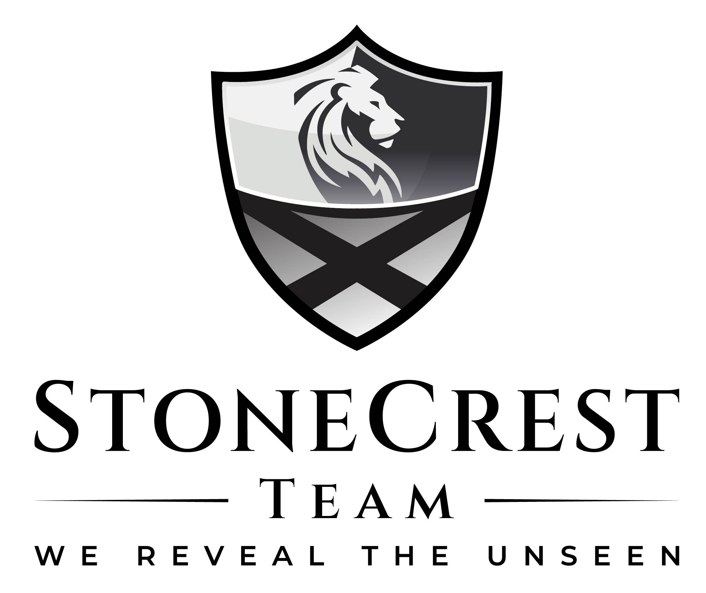 StoneCrest Team vertical brand mark — 'We Reveal the Unseen' below the lion shield