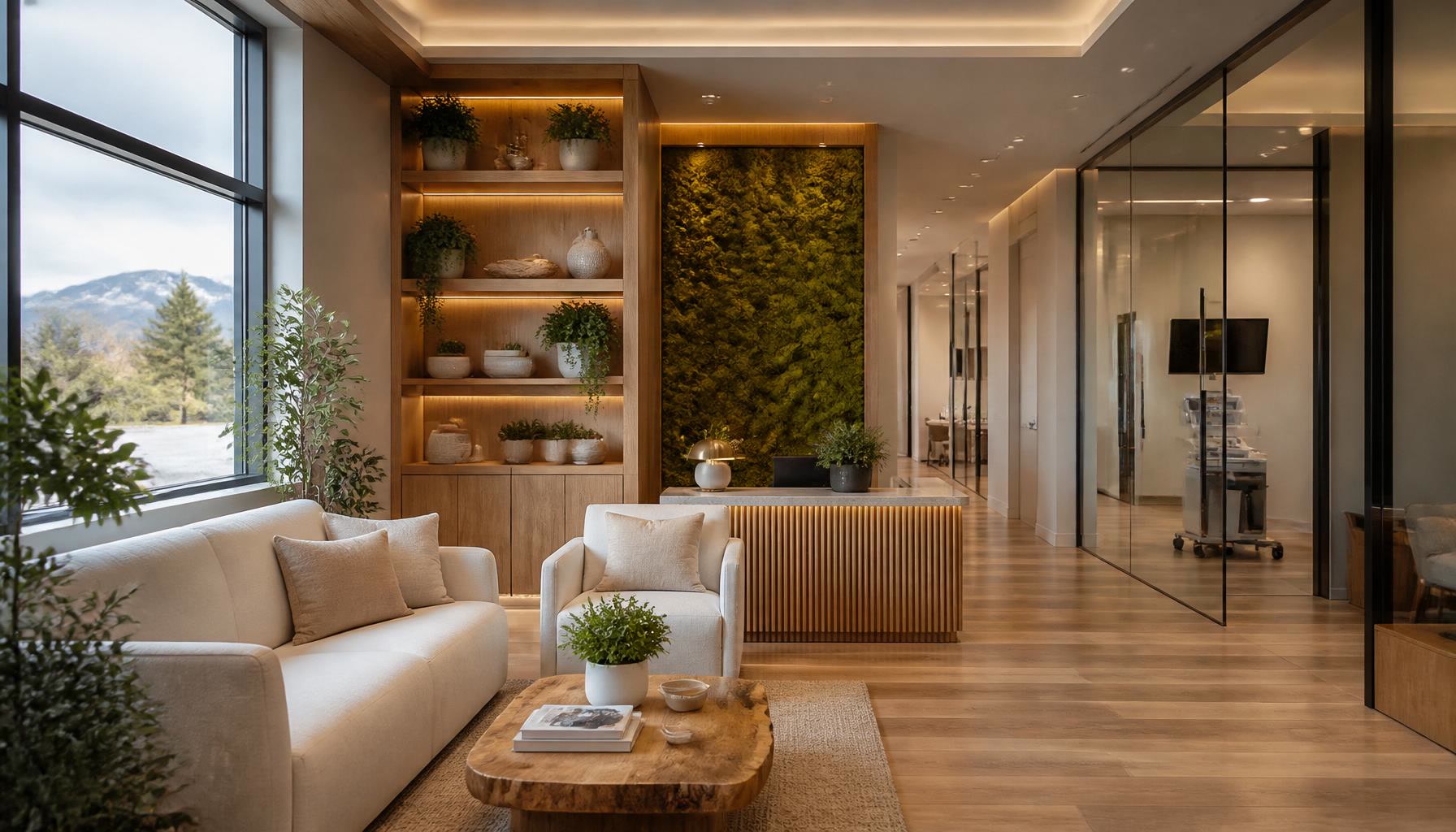 Wellness clinic reception with polished wood desk, moss wall, and warm lighting