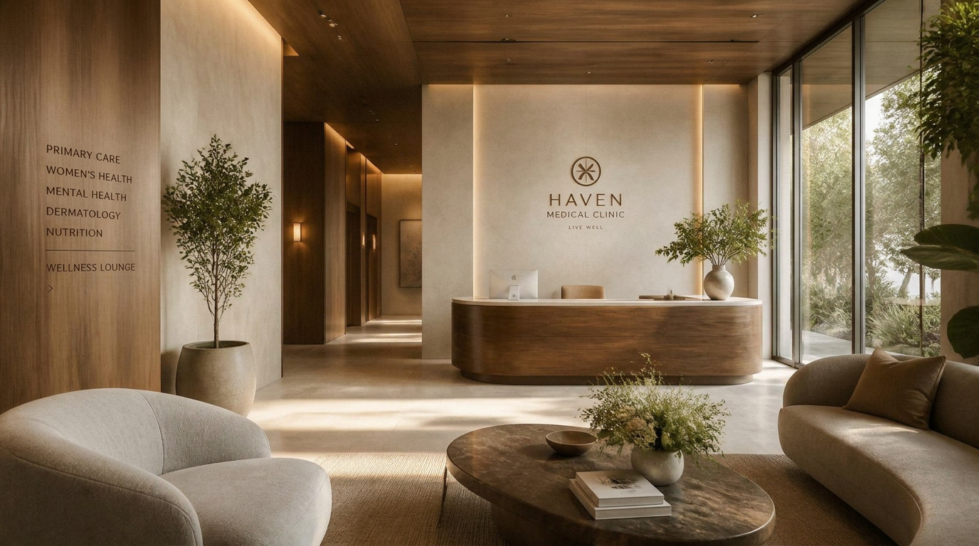 Integrative medical clinic reception with warm lighting and directory