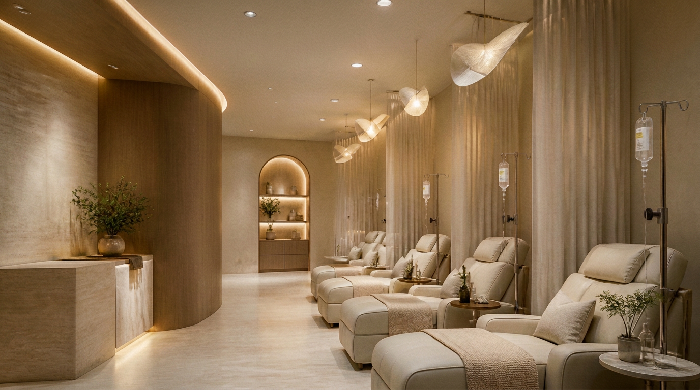 Wellness clinic corridor with natural materials and warm lighting